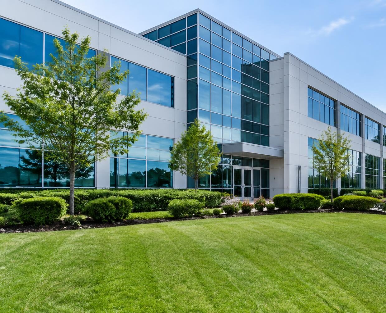 Illustrative photo of an office building with manicured grounds