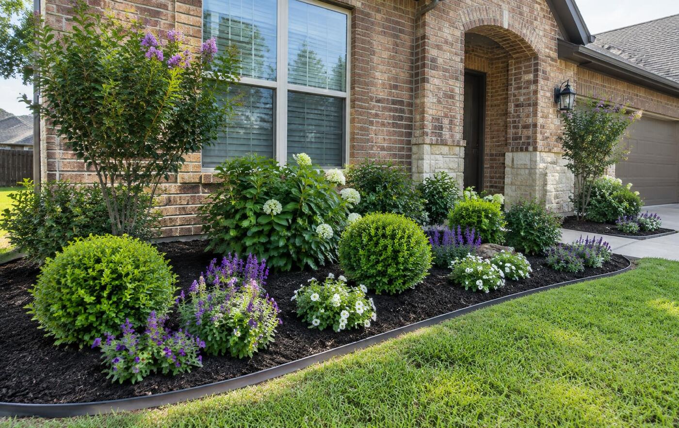 Illustrative photo of a freshly mulched flower bed in front of a brick home
