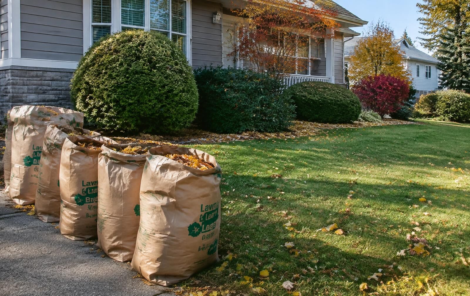 Illustrative photo of bagged leaves beside a tidy residential yard in autumn
